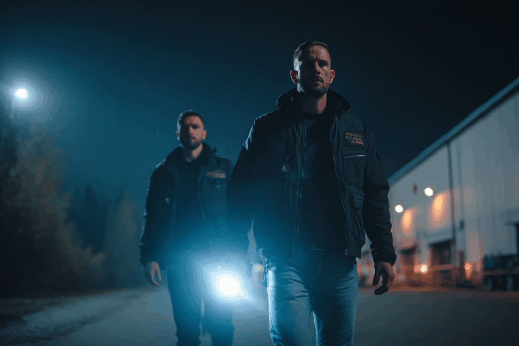 2 guard walking industrial site night
